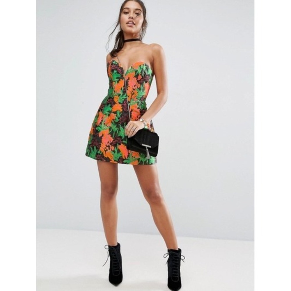 ASOS Dark Floral Brocade Strapless Sweetheart‎ Mini Dome Dress US 4 Prom Romance